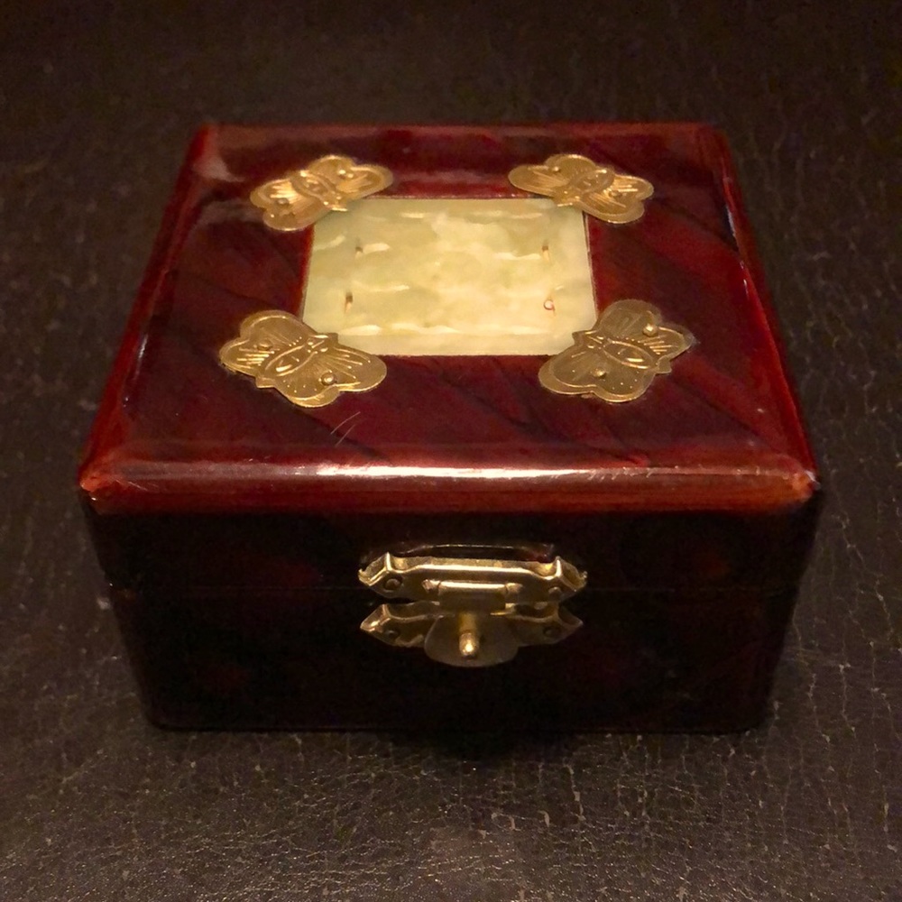 Asian keepsake box, brass and faux jade